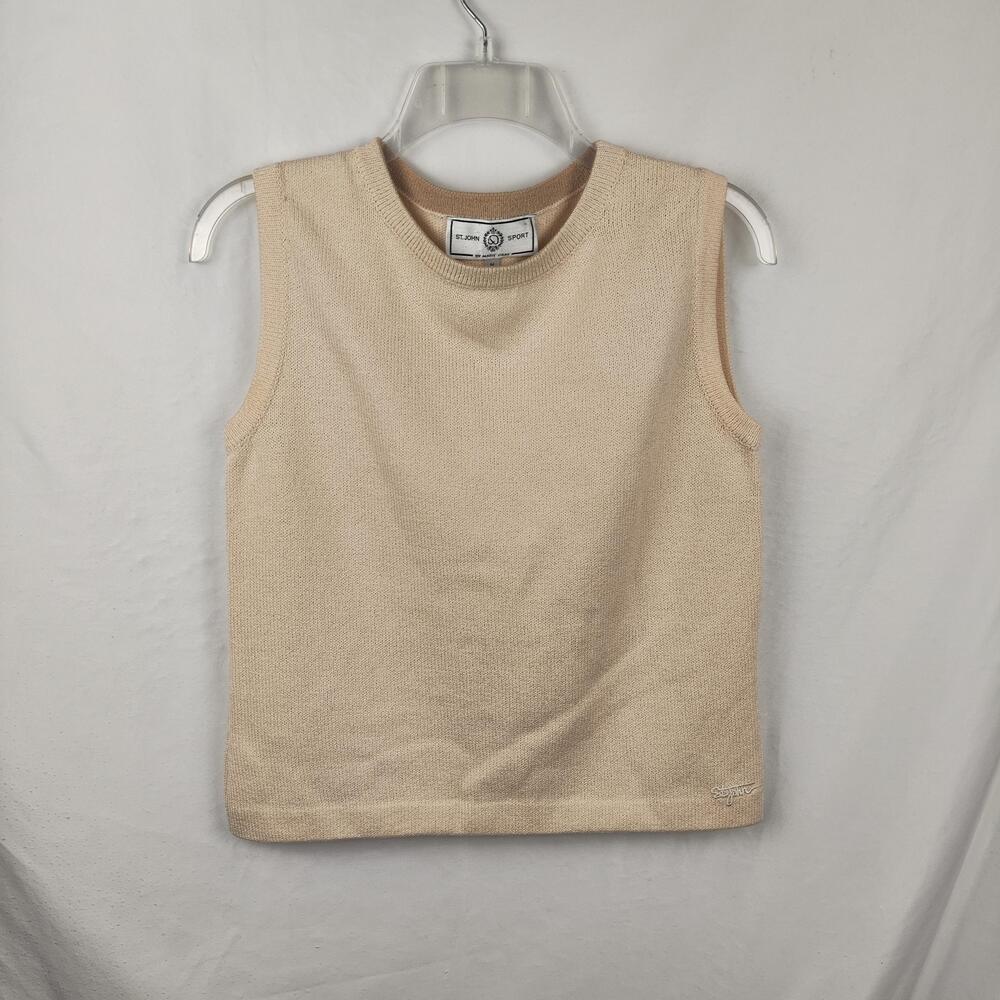 St. John Sport Sweater Womens Medium Beige Sleeveless Crew Neck Logo Made USA